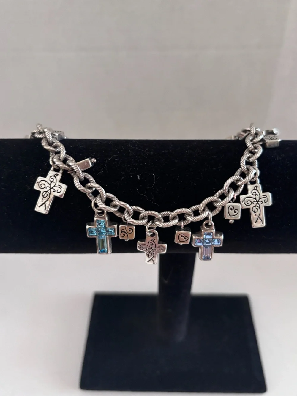 Brighton Purity Silver Tone Cross Bracelet ~Blue, Purple Crystals~ 8